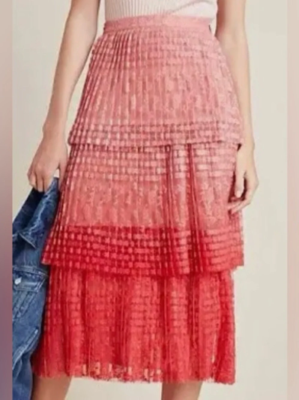 Maeve by Anthropologie Brighton Tiered Ombre Lace Midi Skirt